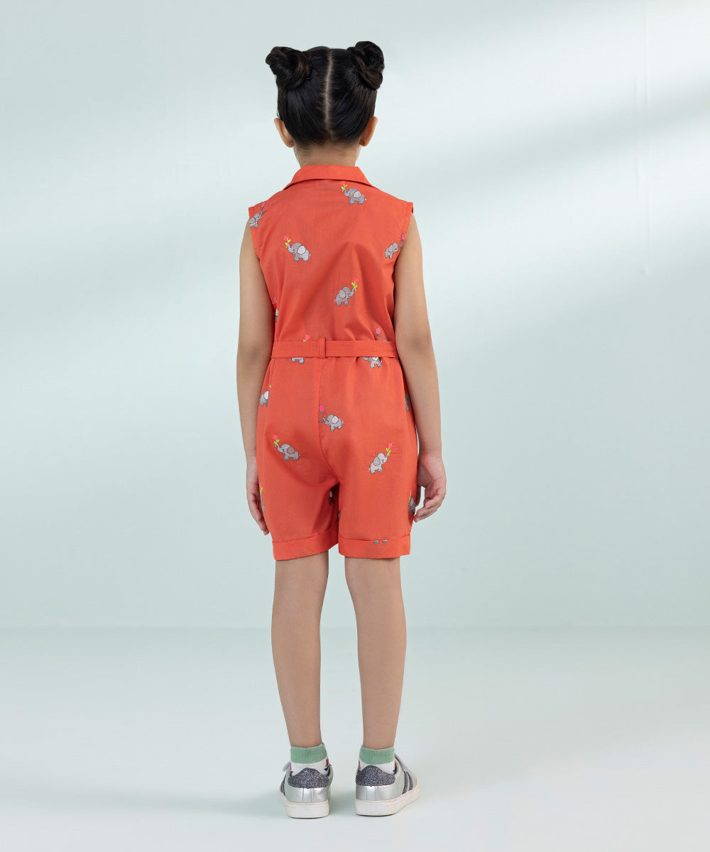 Girl's Orange Embroidered Jumpsuit