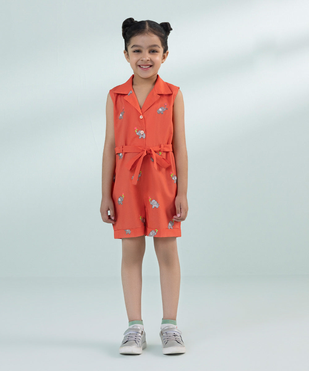 Girl's Orange Embroidered Jumpsuit