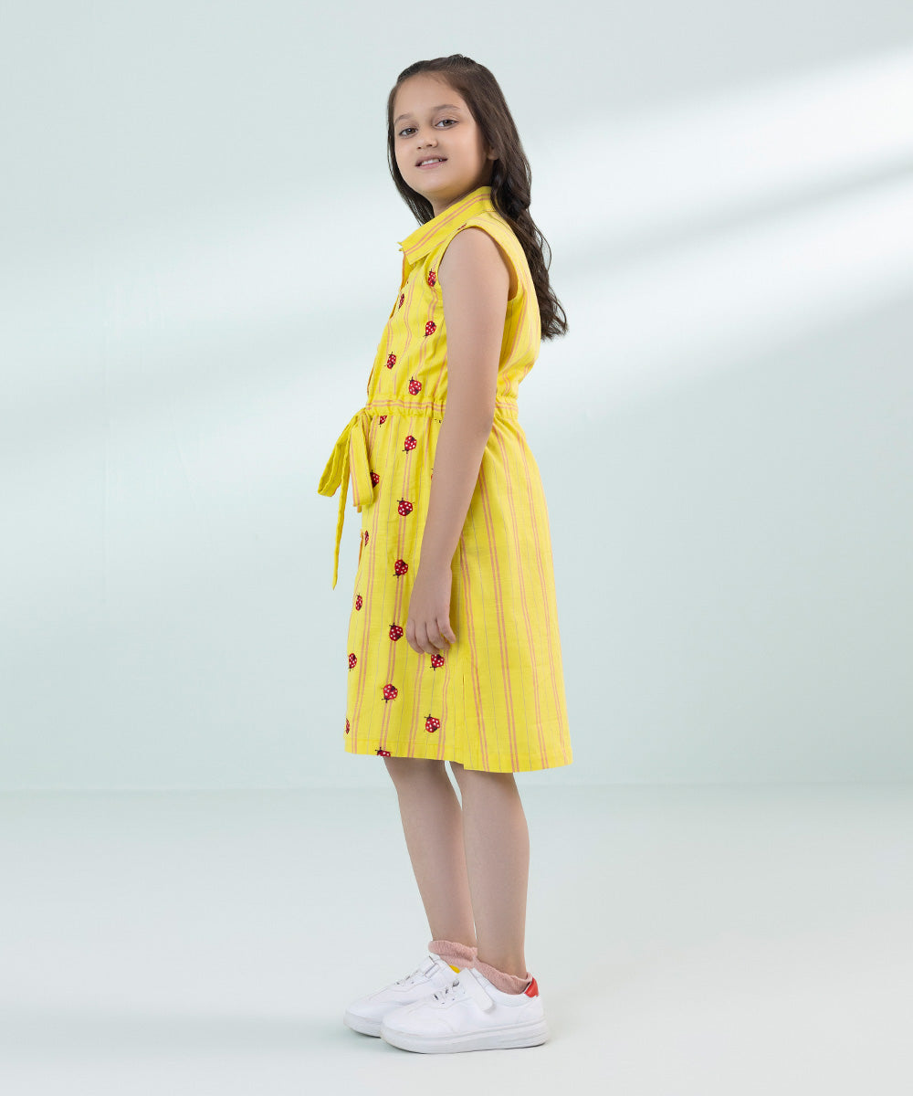 Girl's Yellow Embroidered Yarn Dyed Dress