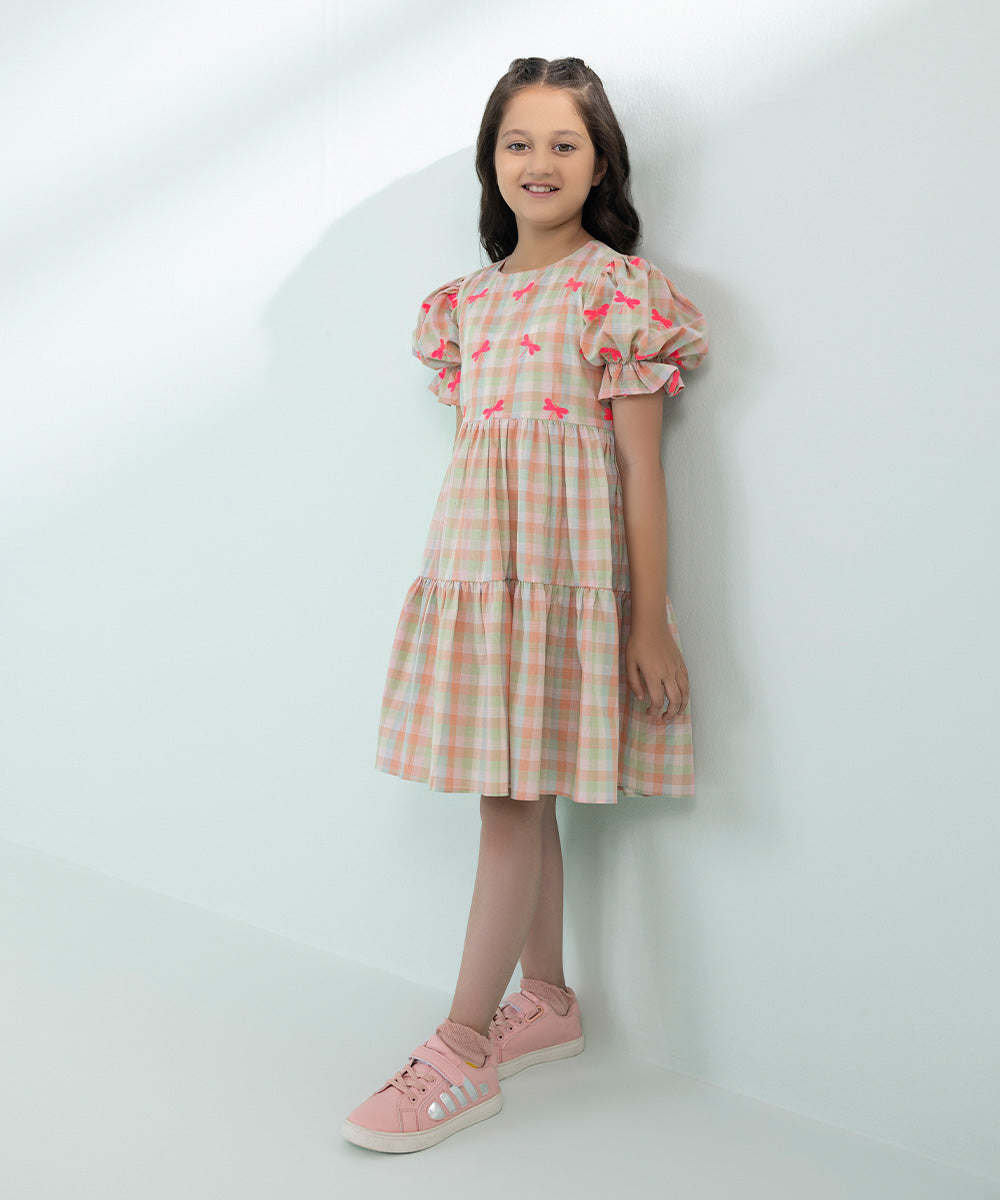 Girls Multi Embroidered Yarn Dyed Dress