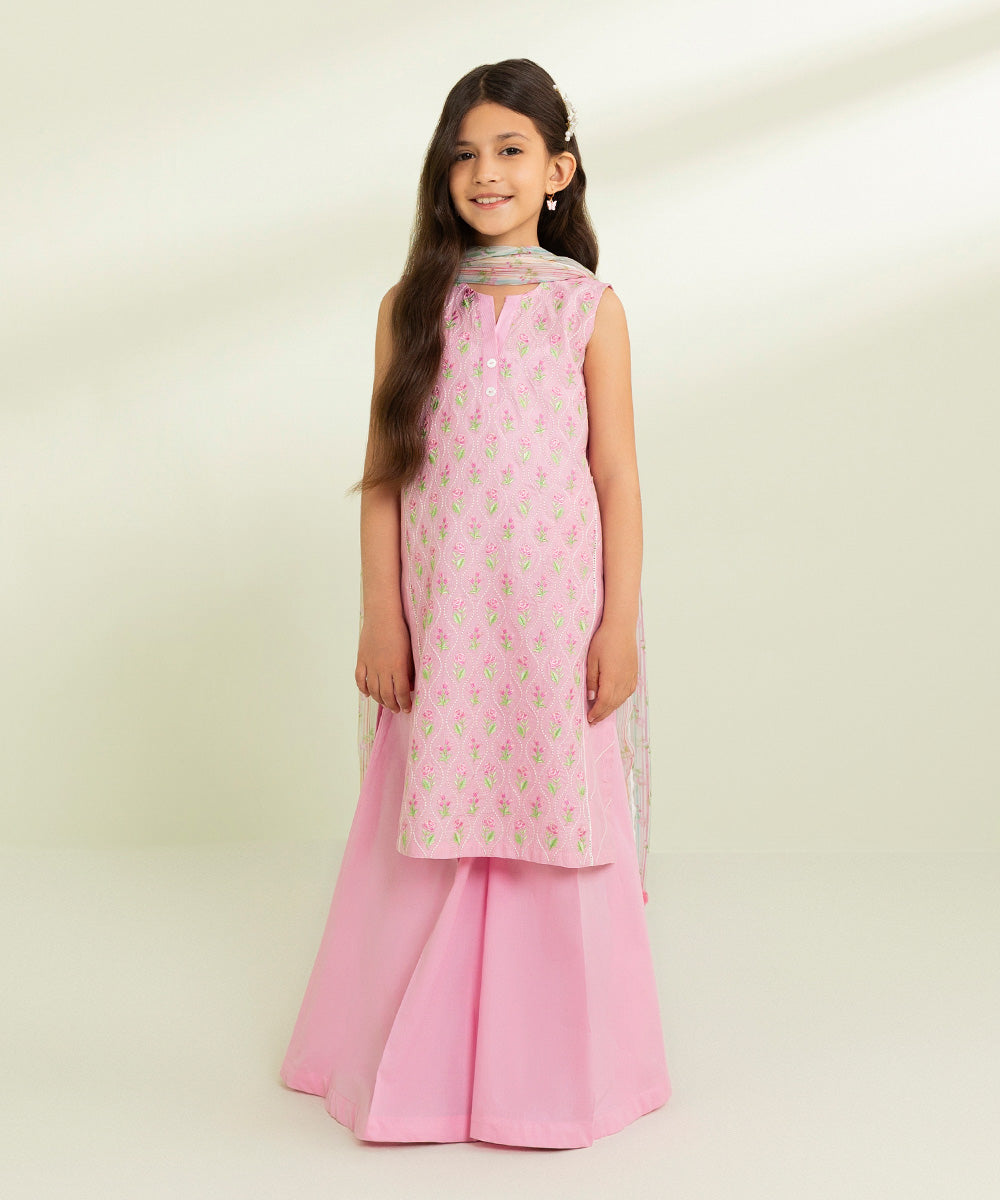 Kids East Girls Pink 3 Piece Embroidered Zari Lawn Suit