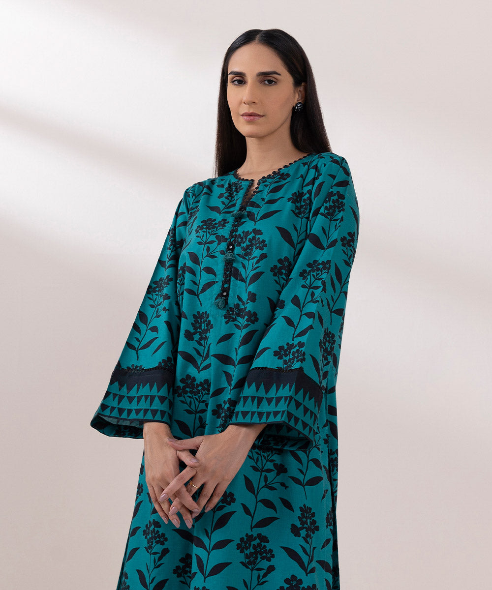 Women's Pret Textured Lawn Printed Teal Straight Shirt