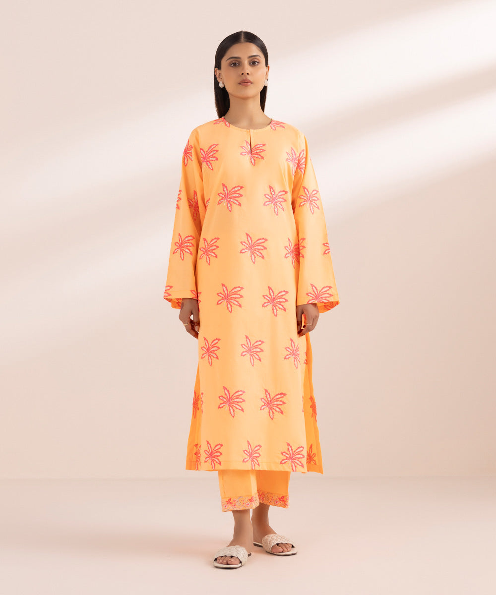 Women's Pret Cambric Orange Dyed Embroidered A-Line Shirt