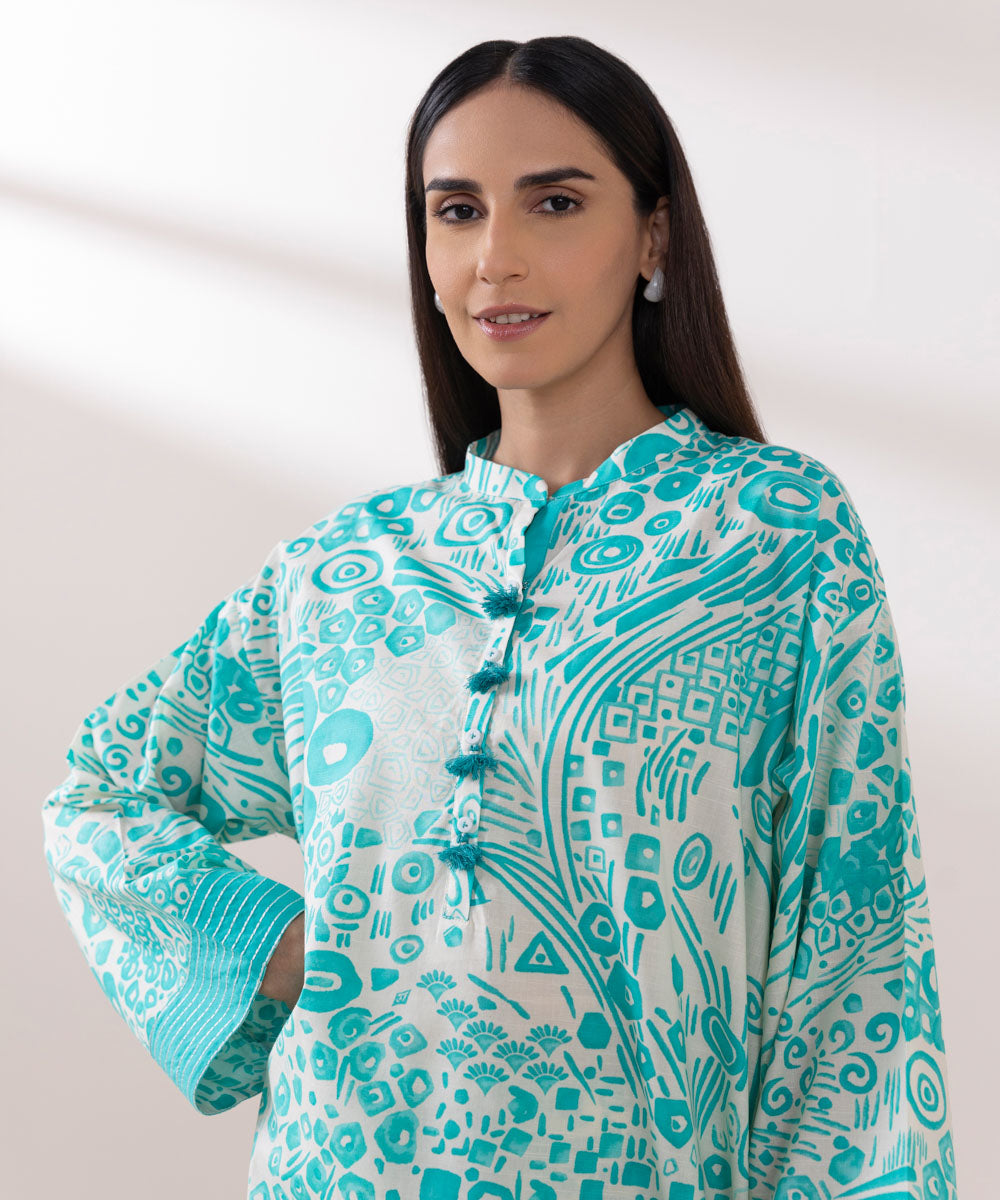Women's Pret Textured Lawn Printed Turquoise Boxy Shirt