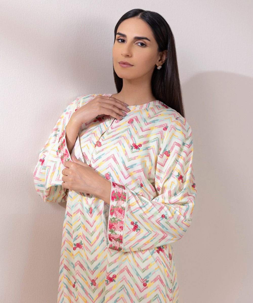 Women's Pret Arabic Lawn Embroidered Multicolored A-Line Shirt