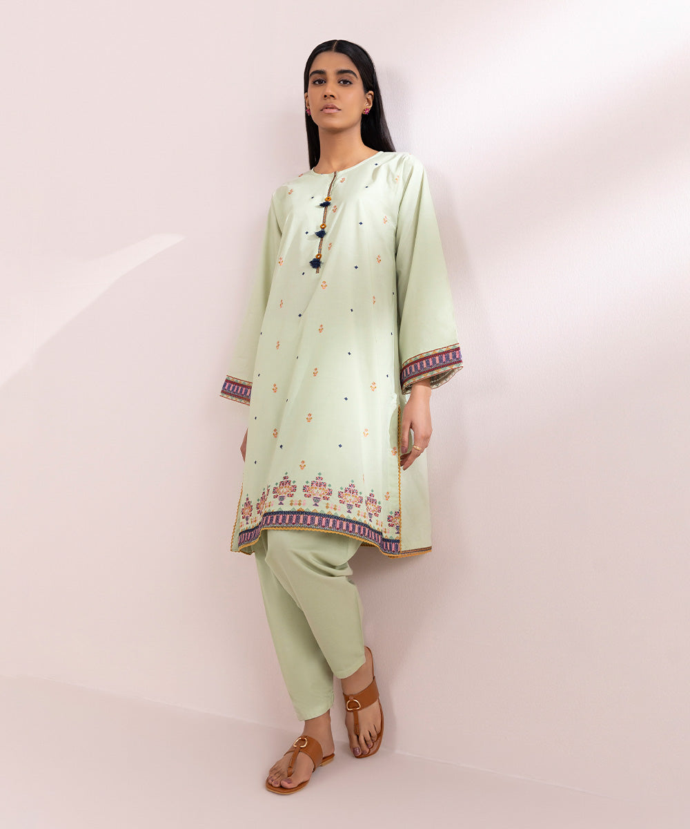 Women's Pret Textured Lawn Green Solid Embroidered A-Line Shirt