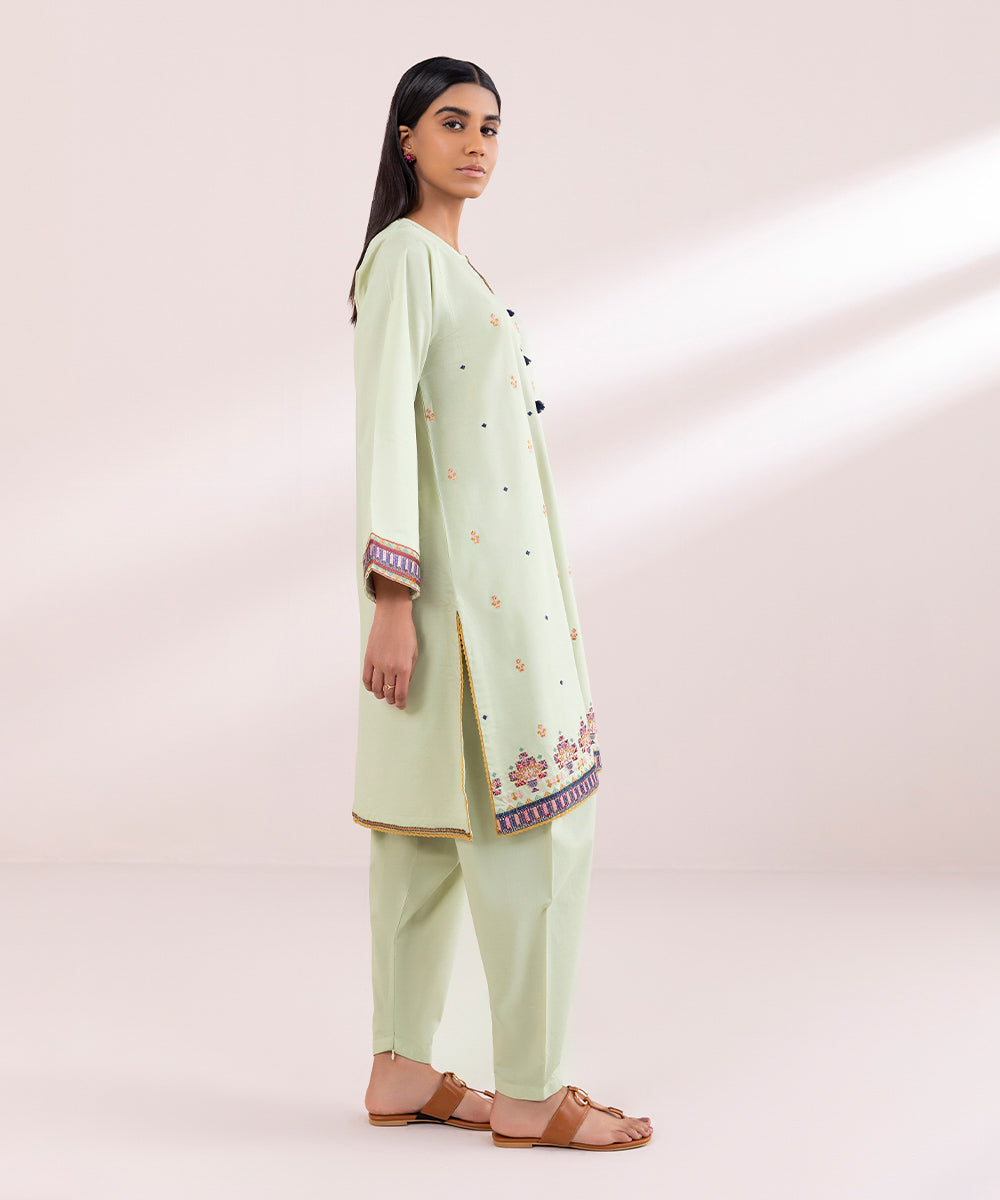 Women's Pret Textured Lawn Green Solid Embroidered A-Line Shirt