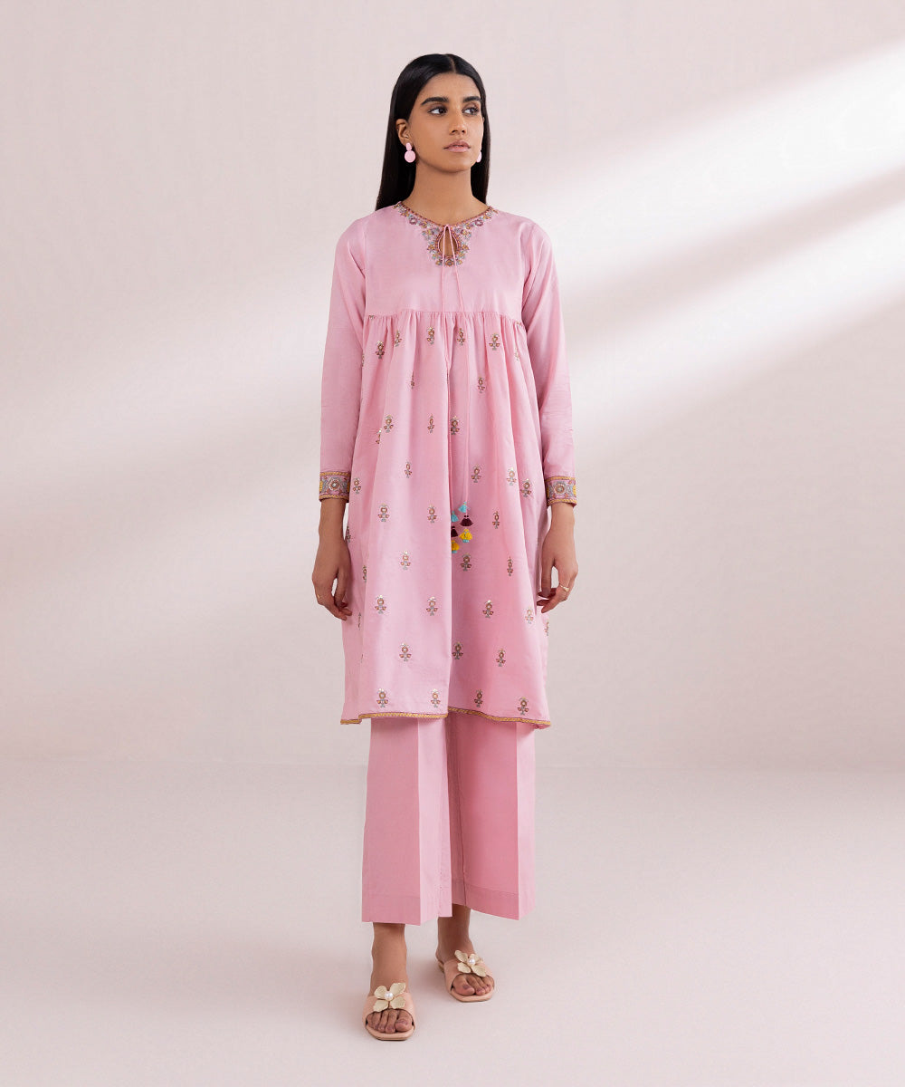 Women's Pret Textured Lawn Pink Solid Embroidered A-Line Shirt