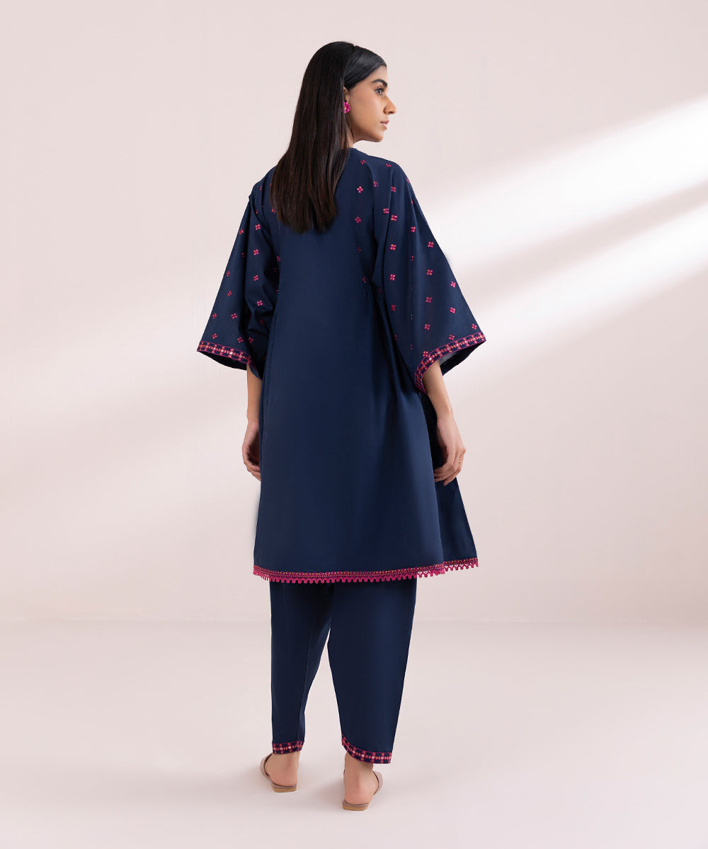Women's Pret Textured Lawn Blue Solid Embroidered A-Line Shirt