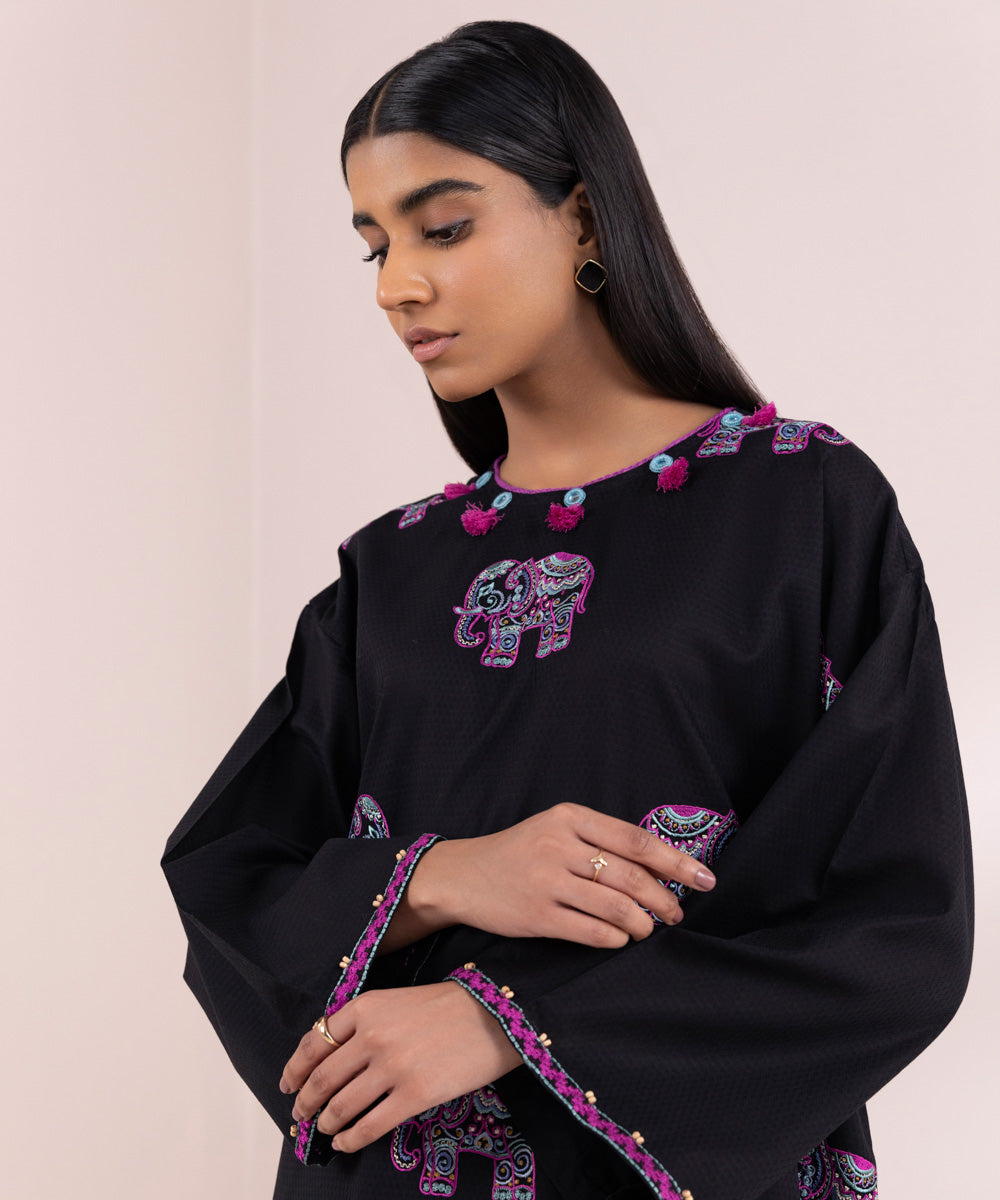 Women's Pret Dobby Black Solid Embroidered Boxy Shirt