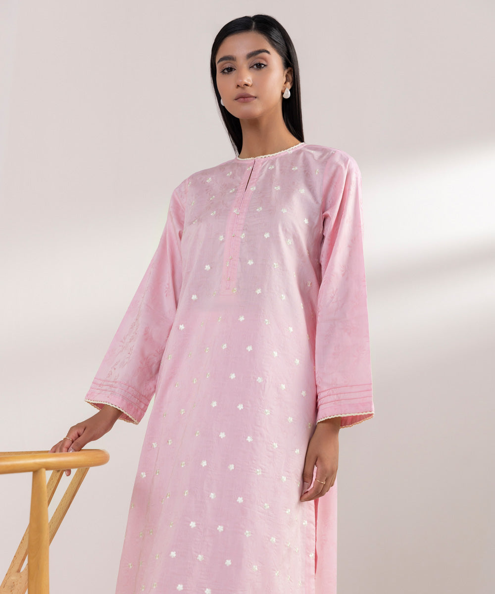 Women's Pret Cotton Jacquard Embroidered Pink A-Line Shirt