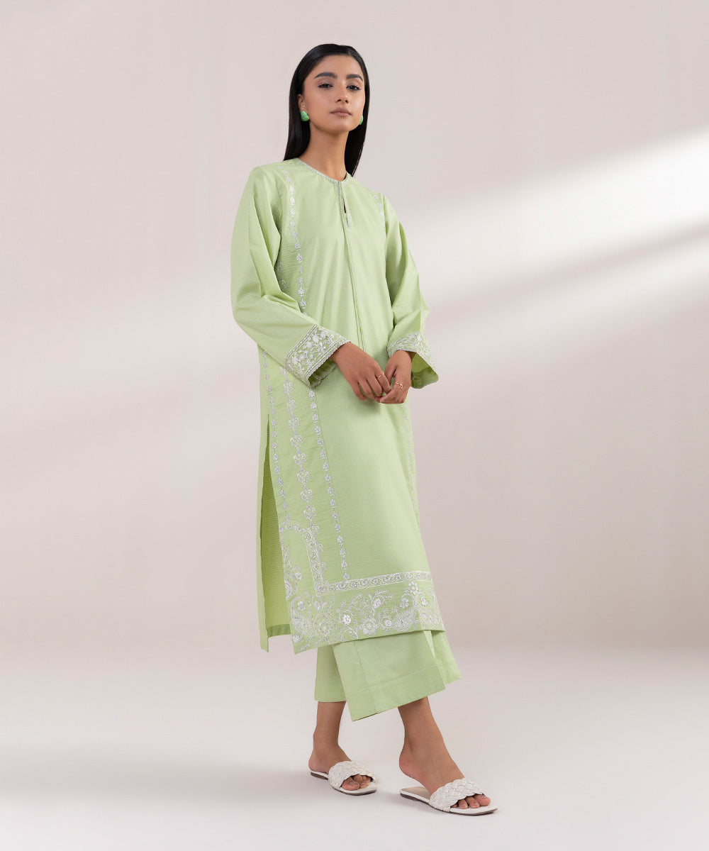 Women's Pret Dobby Embroidered Green A-Line Shirt