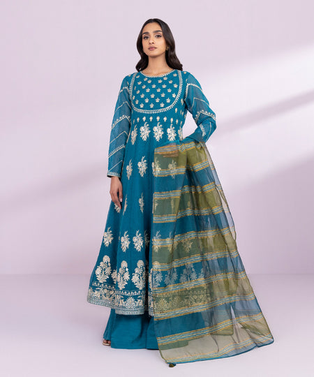 Women's Pret Blended Textured Karandi Embroidered Blue Pishwas