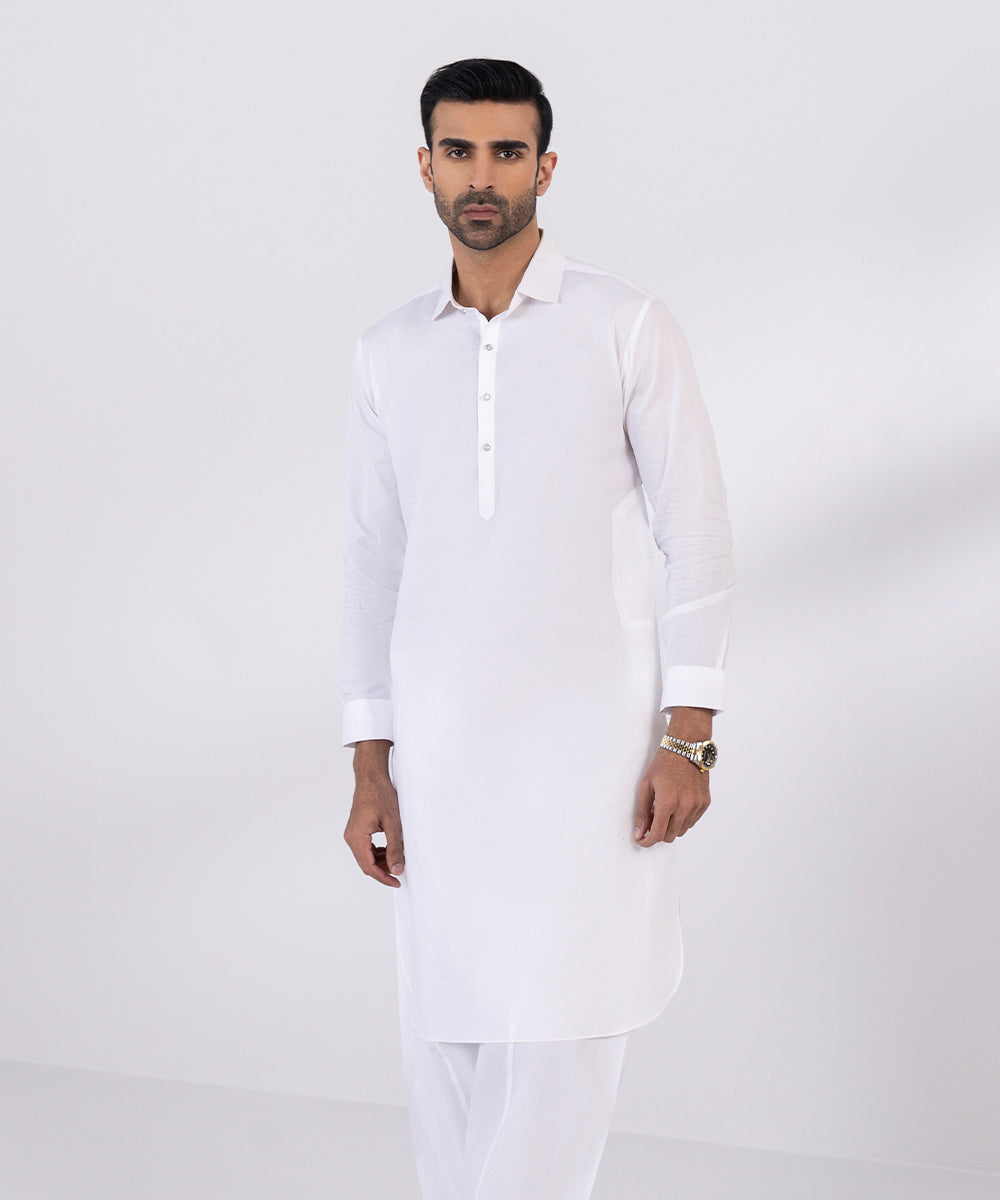 Men's Stitched Cotton Latha White Round Hem Kurta Shalwar