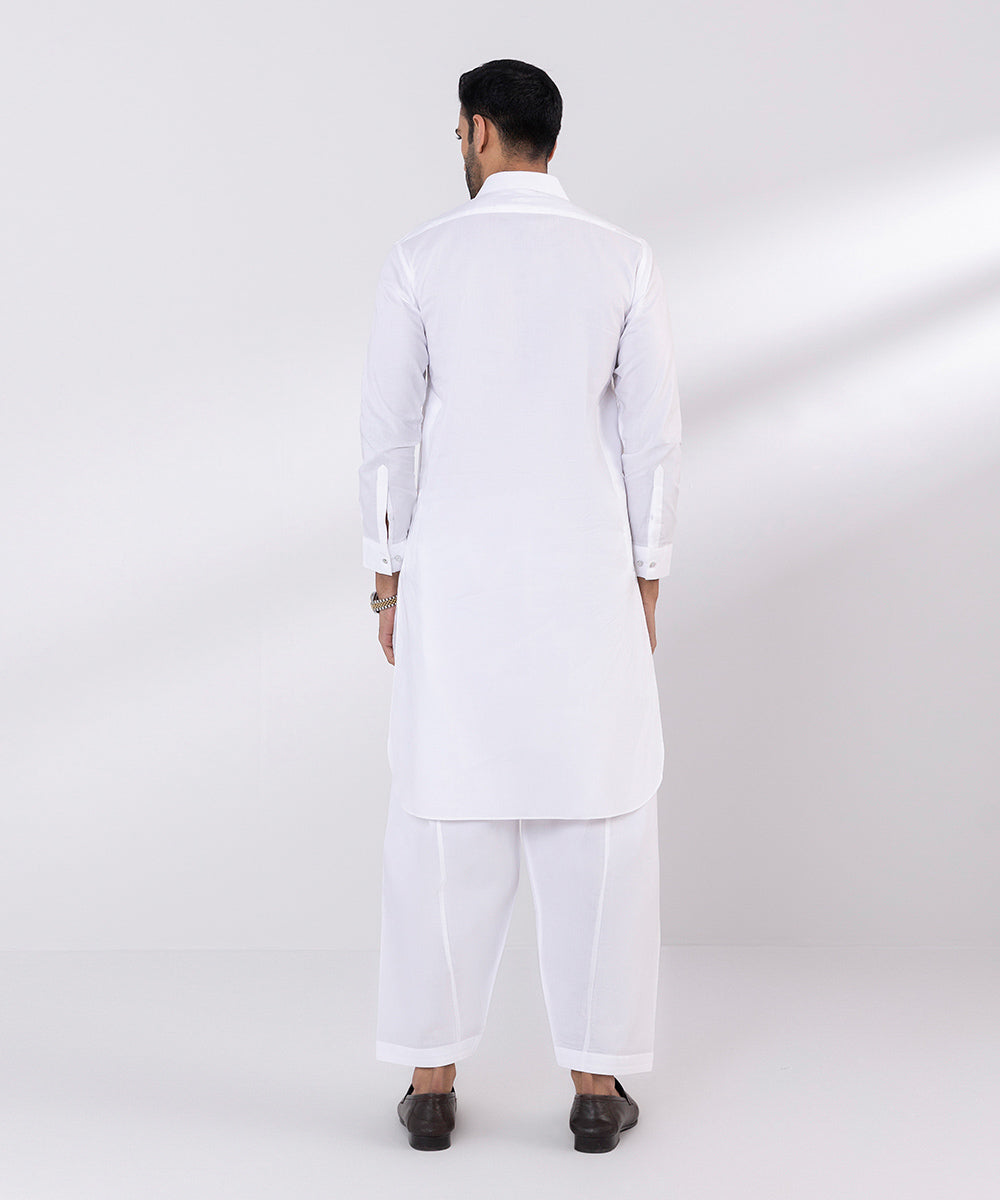 Men's Stitched Cotton Latha White Round Hem Kurta Shalwar