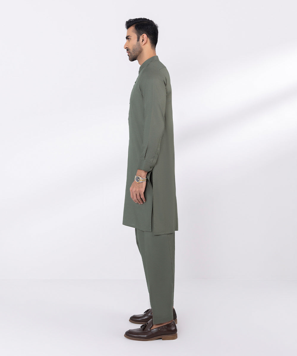 Men's Stitched Cotton Dobby Olive Straight Hem Kurta Shalwar
