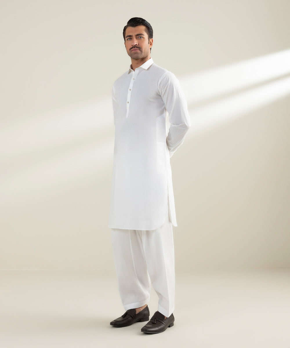 Men's Stitched Fine Latha Fabric White Kurta Shalwar