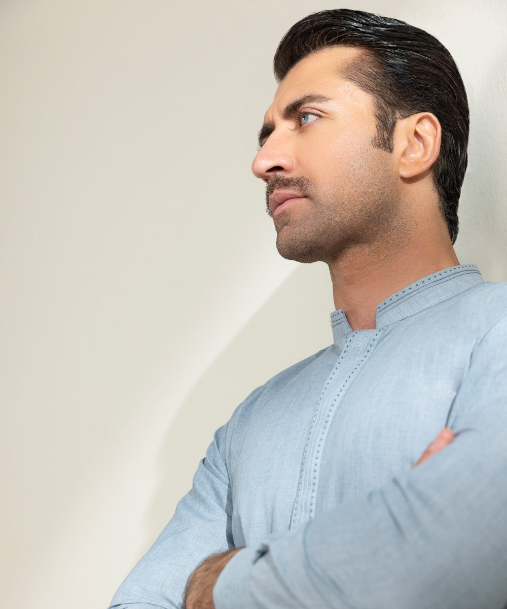 Men's Stitched Fancy Wash & Wear Blue Grey Kurta Shalwar