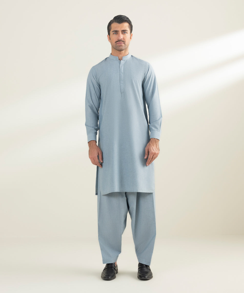 Men's Stitched Fancy Wash & Wear Blue Grey Kurta Shalwar