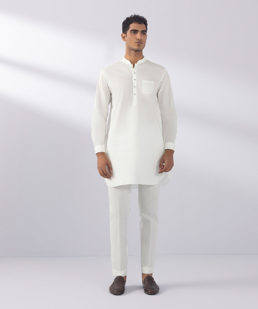 Men's Stitched Summer Cotton White Round Hem Kurta Trousers