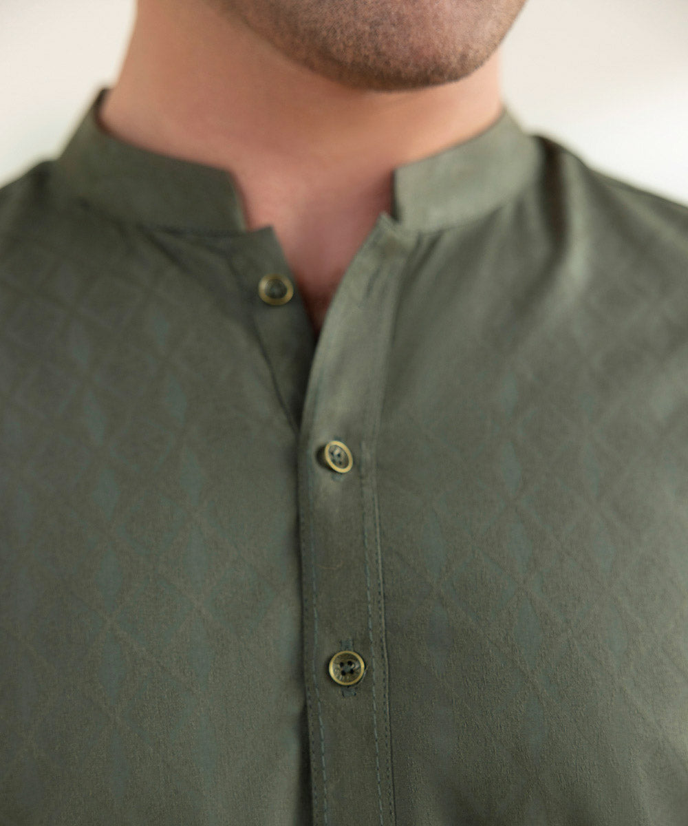 Men's Stitched Cotton Jacquard Dark Green Straight Hem Kurta