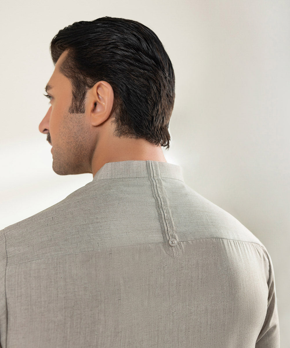 Men's Stitched Fancy Wash & Wear Khaki Straight Hem Kurta