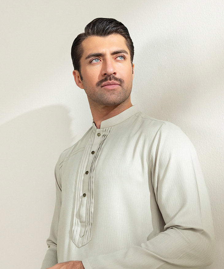Men's Stitched Jacquard Wash & Wear Khaki Straight Hem Kurta
