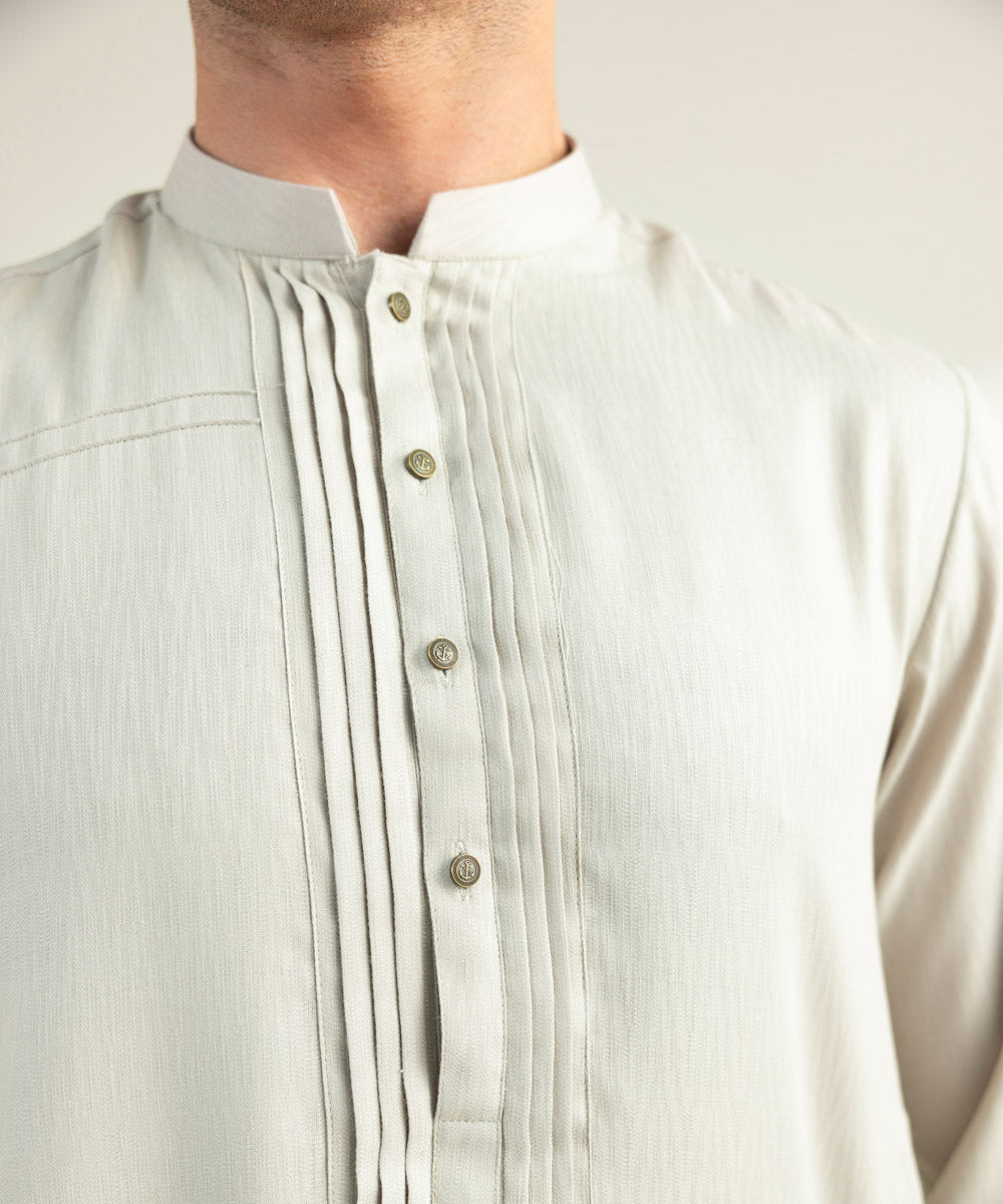 Men's Stitched Jacquard Wash & Wear Khaki Straight Hem Kurta