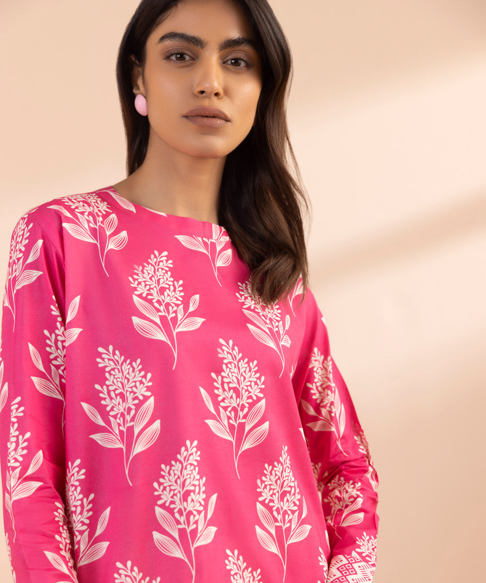 Women's Unstitched Lawn Printed Pink Shirt