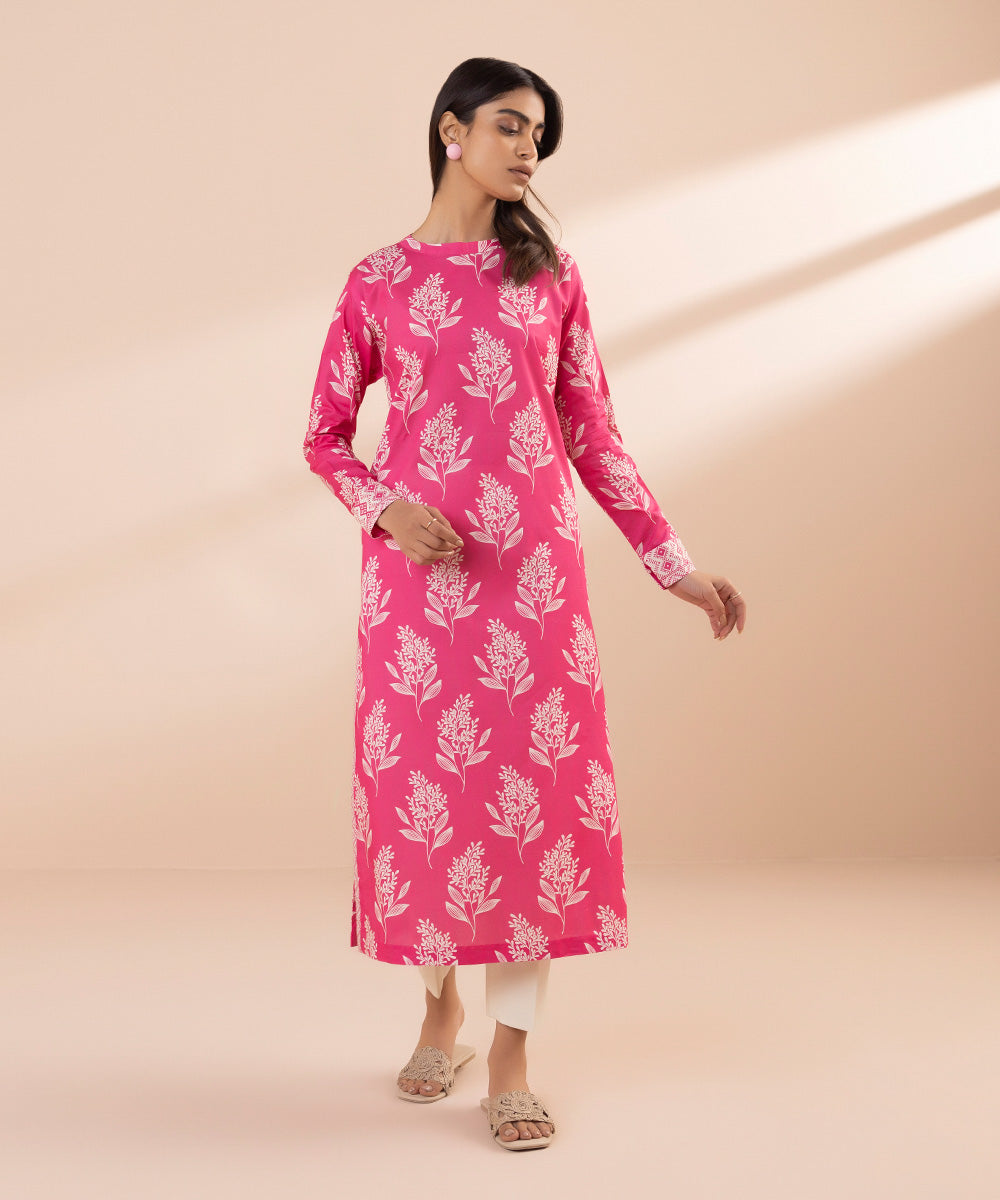 Women's Unstitched Lawn Printed Pink Shirt