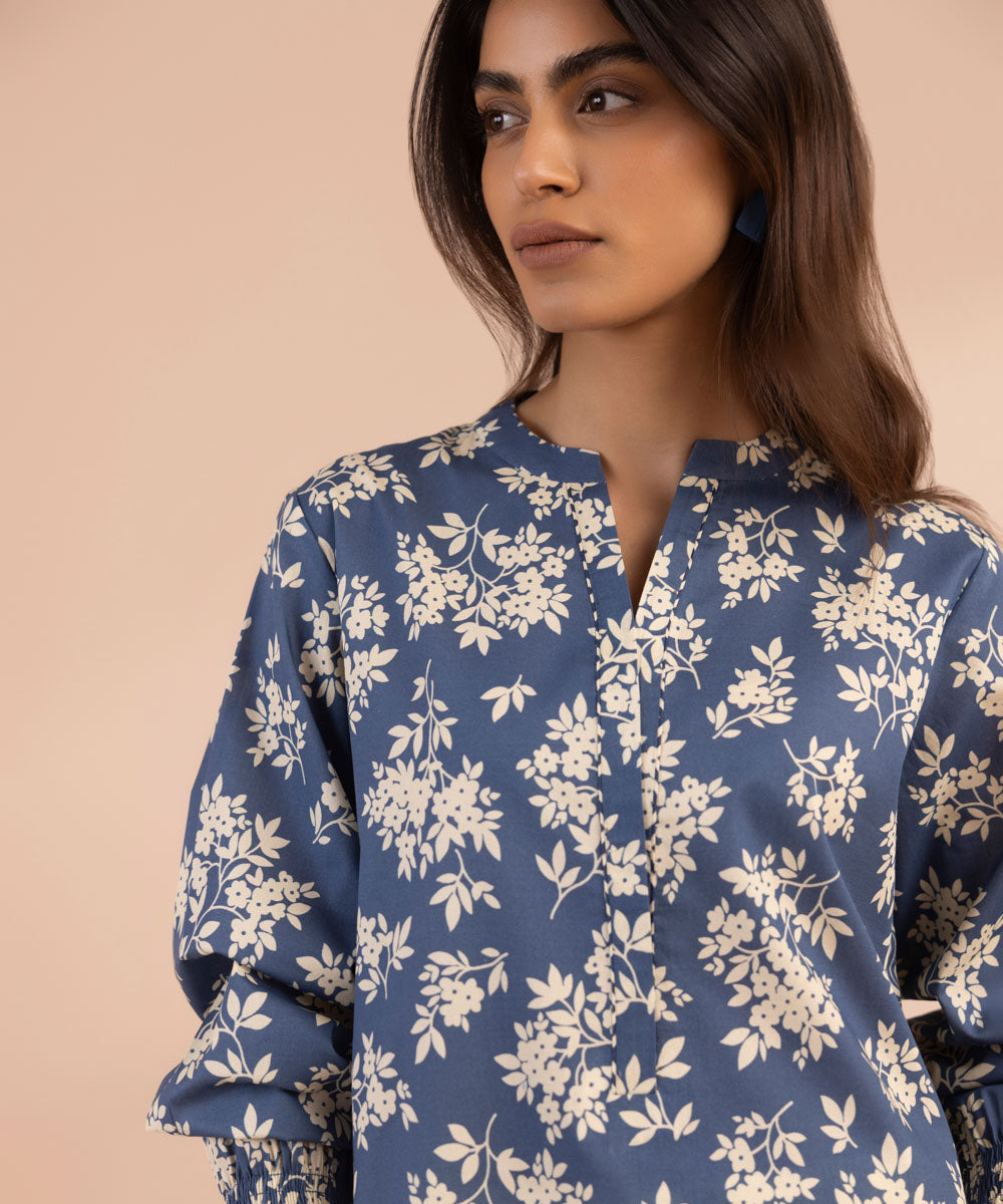 Women's Unstitched Lawn Printed Blue Shirt