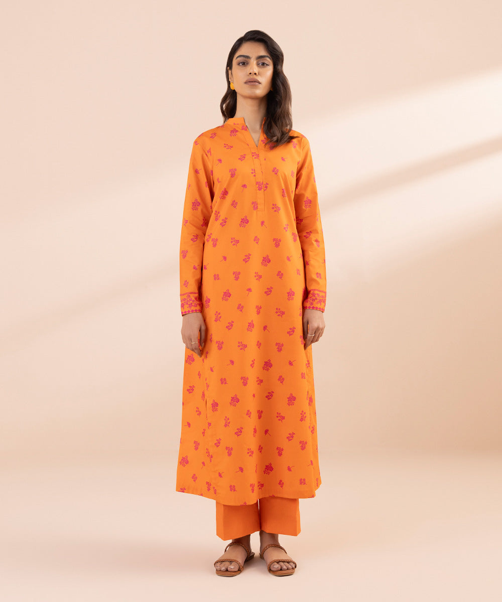 Women's Unstitched Lawn Printed Orange Shirt