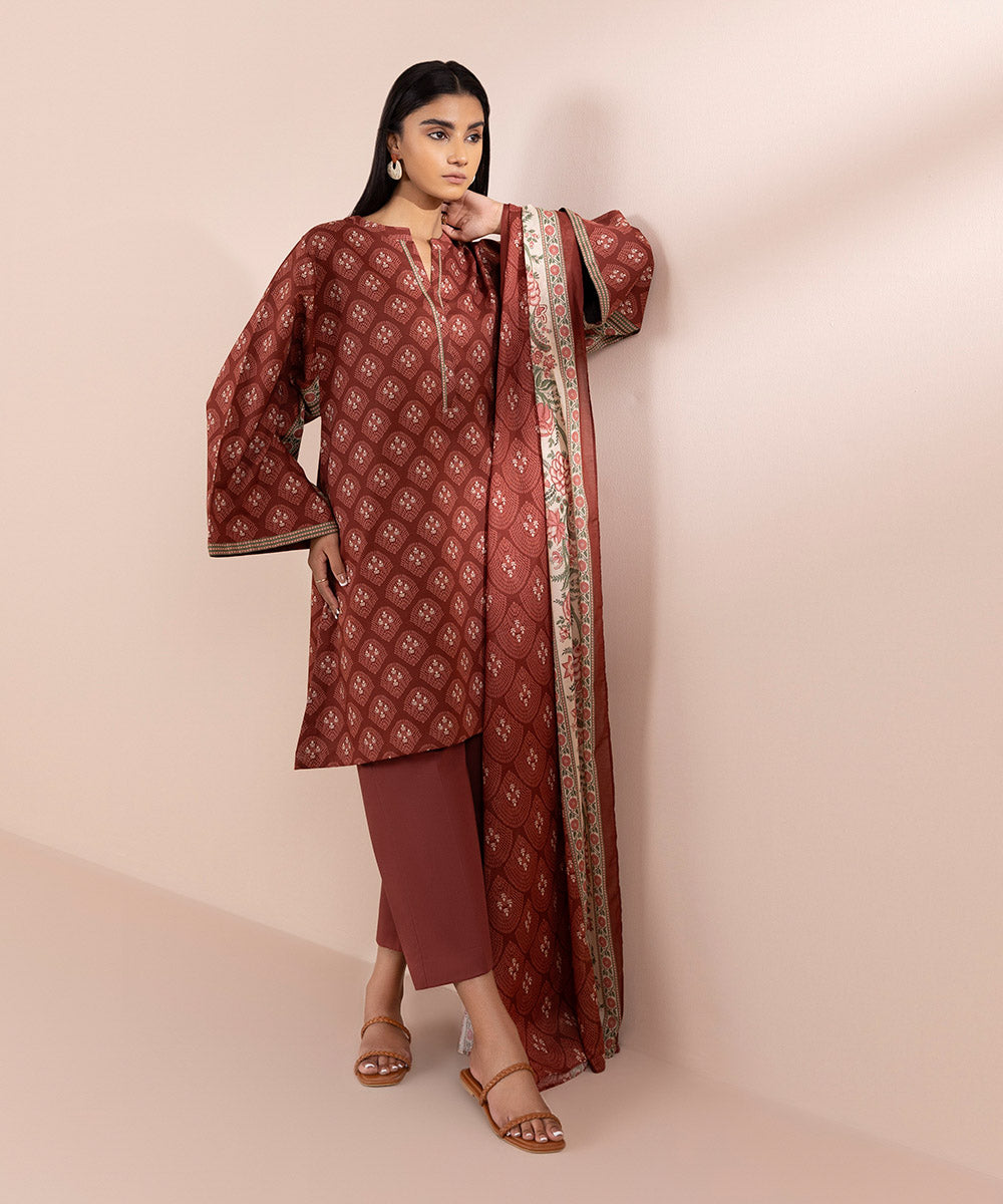 Women's Unstitched Lawn Printed Red 3 Piece Suit