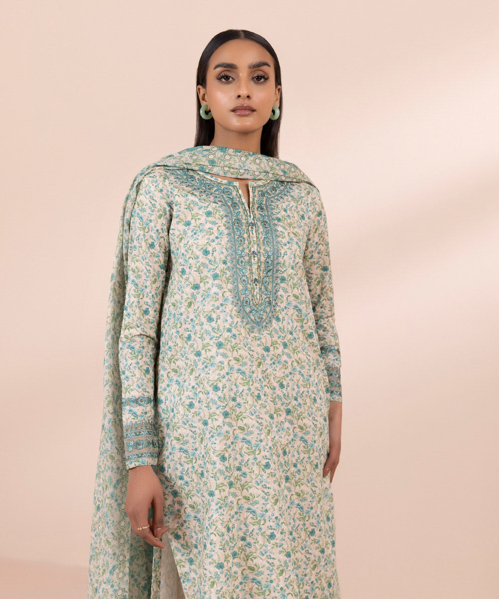 Women's Unstitched Lawn Embroidered Blue 2 Piece Suit