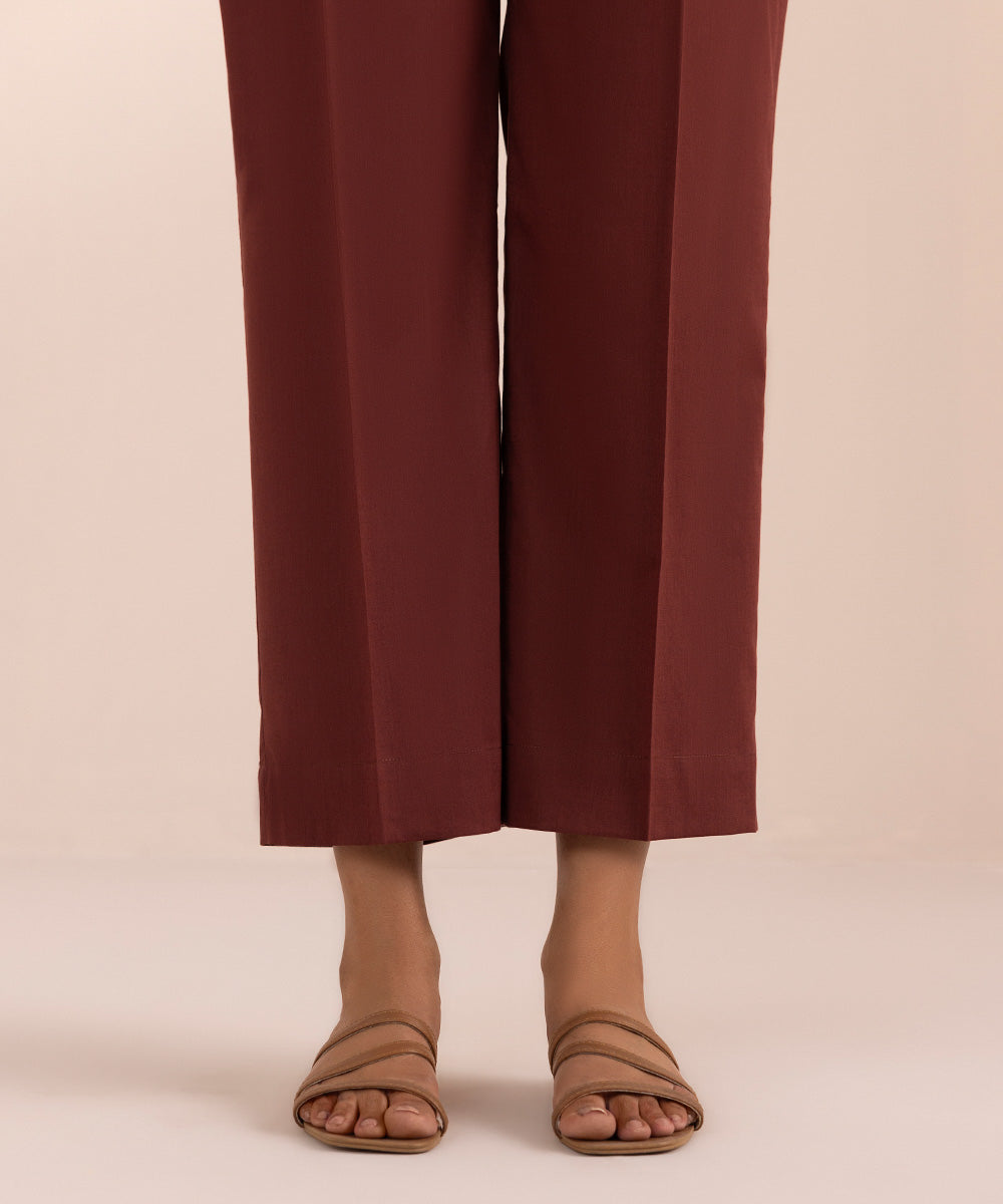 Women's Pret Cotton Brown Dyed Straight Pants