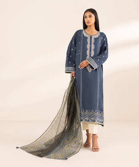 Women's Blended Raw Net Solid Embroidered Multi Dupatta