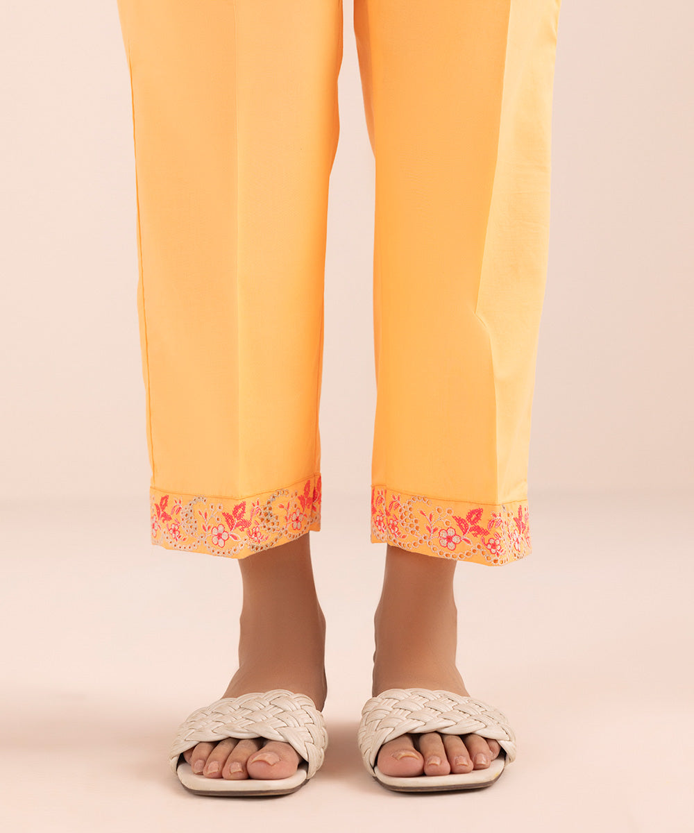 Women's Pret Cambric Orange Embroidered Straight Pants