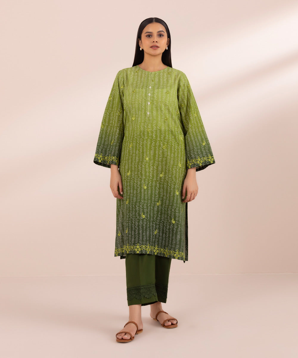 Women's Pret Textured Lawn Green Printed Embroidered A-Line Shirt