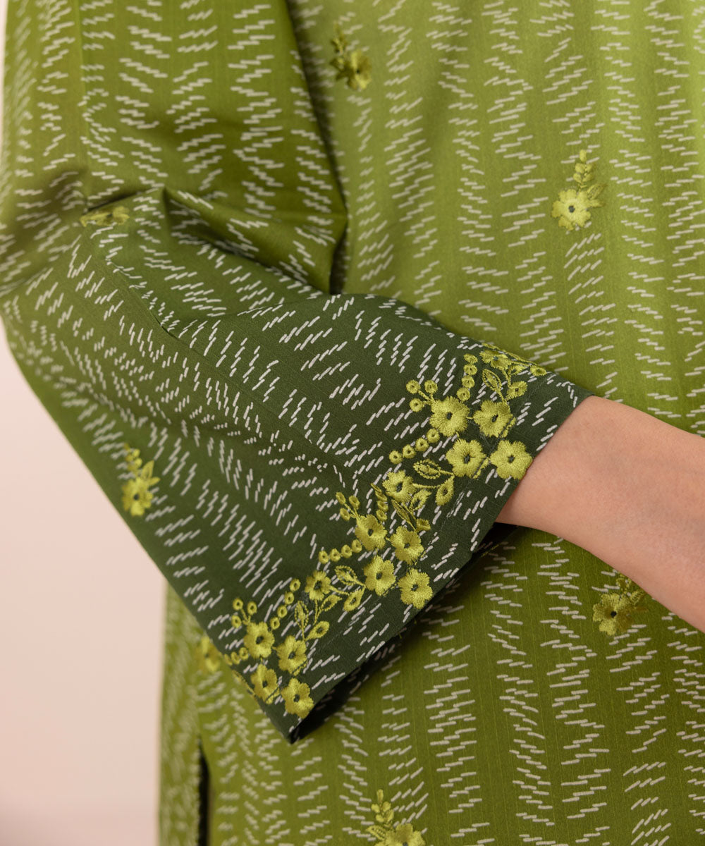 Women's Pret Textured Lawn Green Printed Embroidered A-Line Shirt