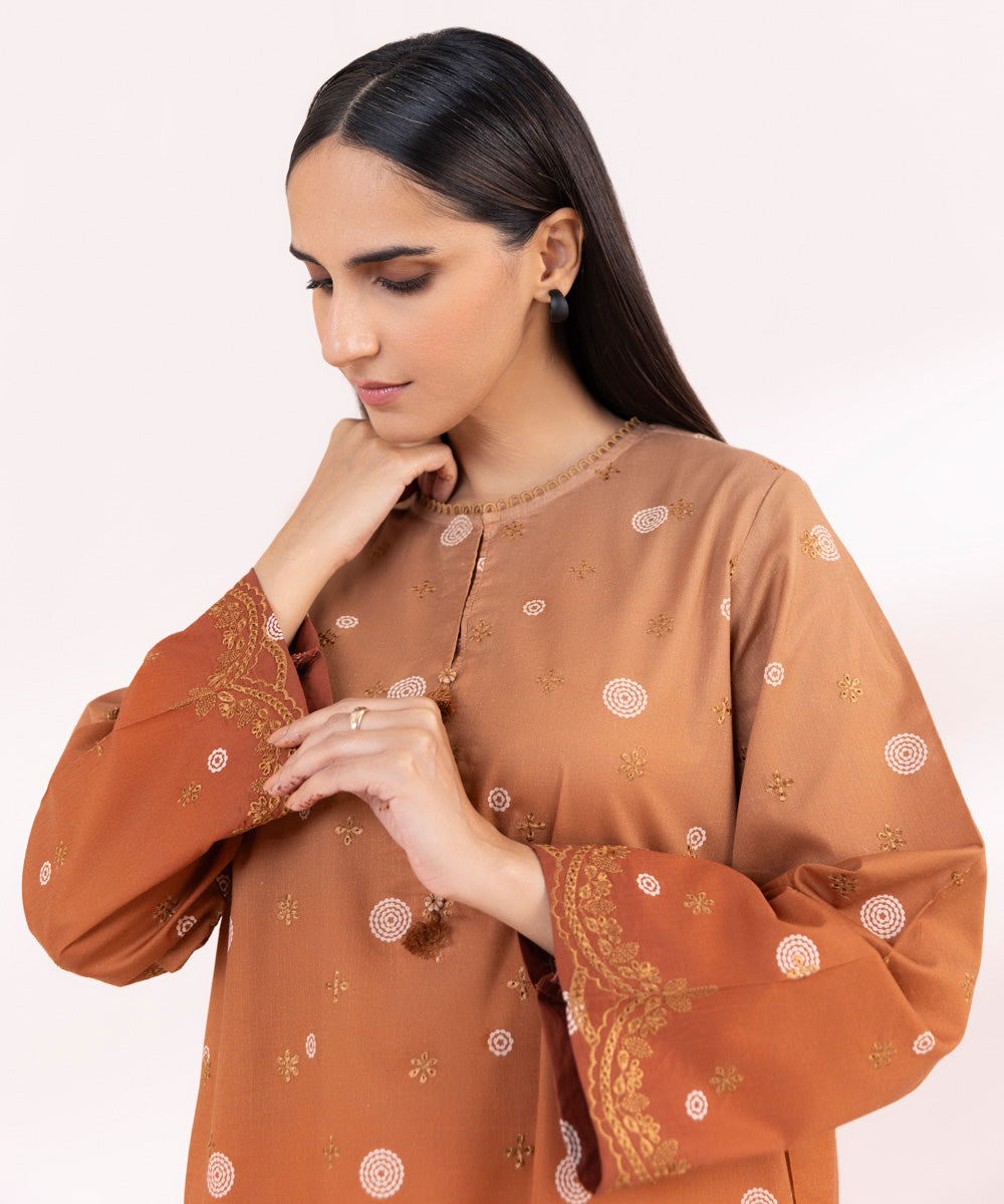 Women's Pret Textured Lawn Brown Printed Embroidered Straight Shirt