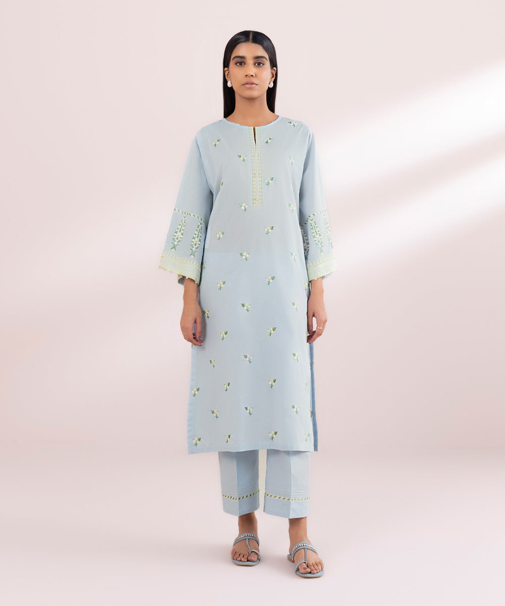 Women's Pret Textured Lawn Blue Solid Embroidered Straight Shirt