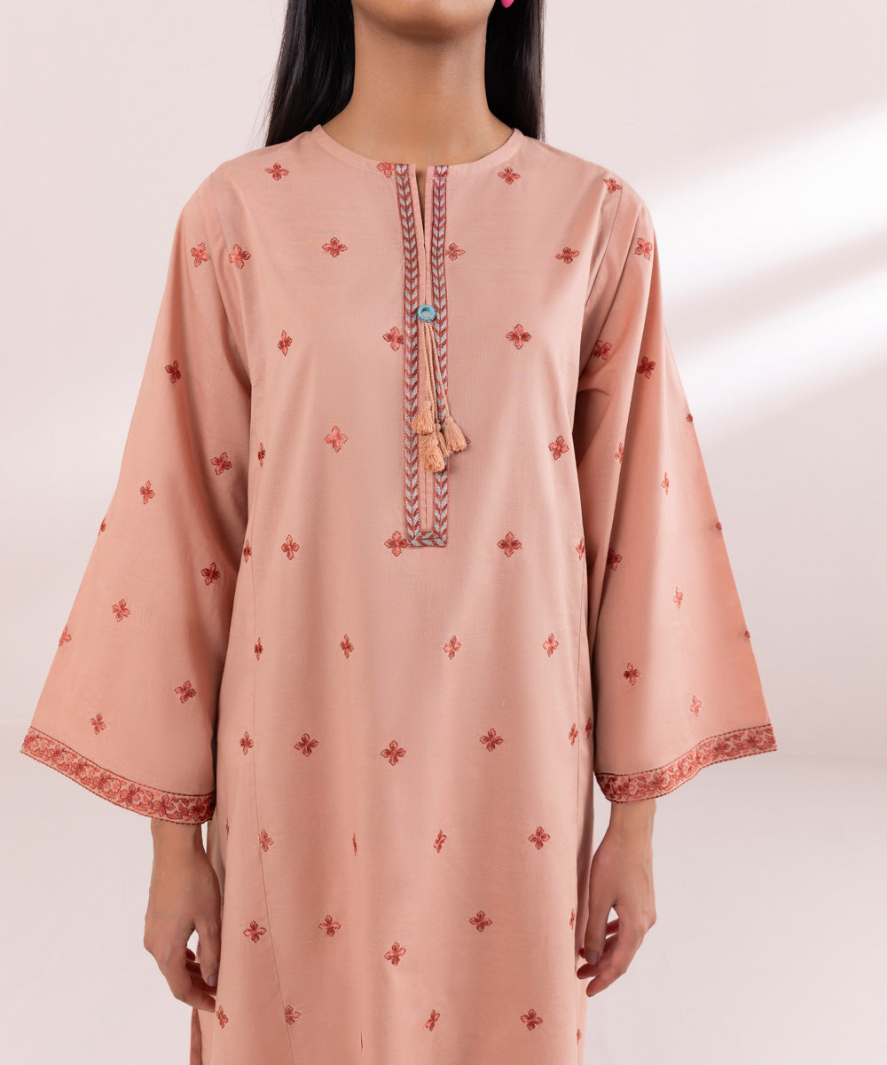 Women's Pret Textured Lawn Pink Solid Embroidered A-Line Shirt
