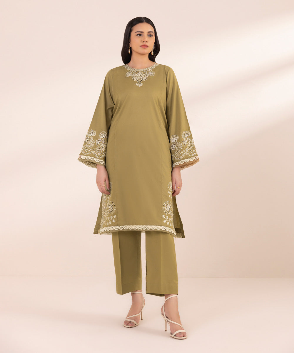 Women's Pret Lawn Embroidered Olive A-Line Shirt