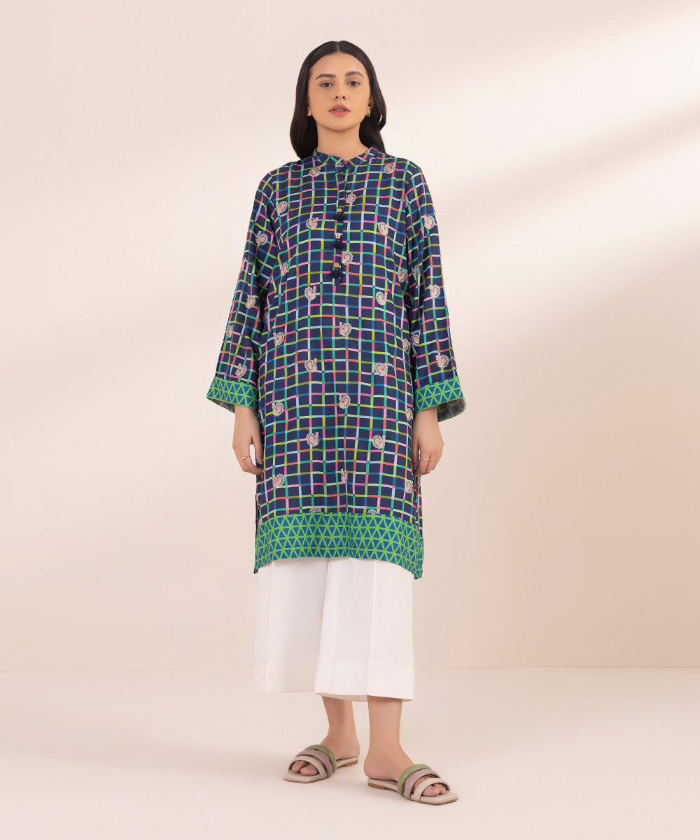 Women's Pret Arabic Lawn Embroidered Navy Blue Straight Shirt
