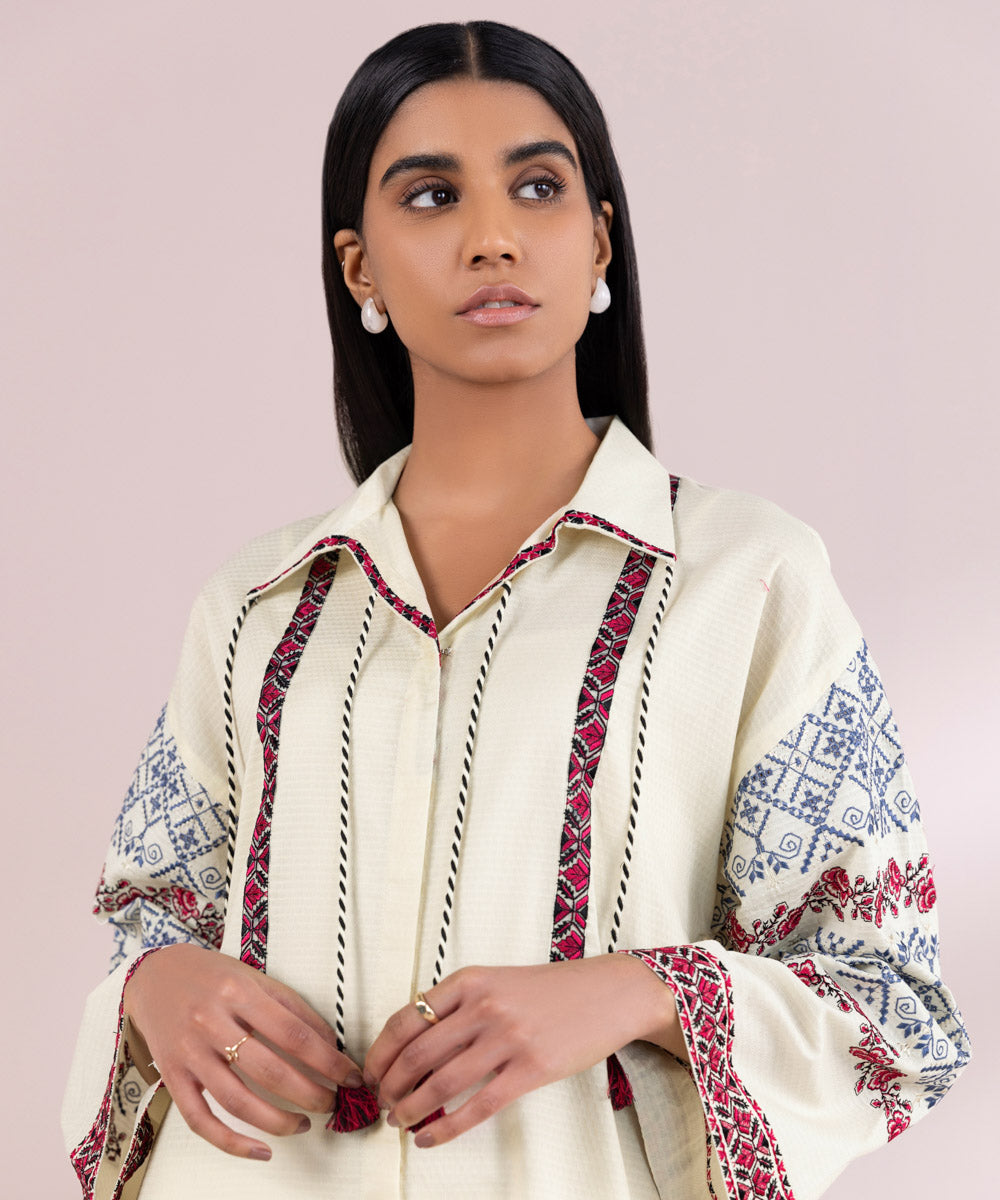 Women's Pret Dobby Off White Solid Embroidered A-Line Shirt