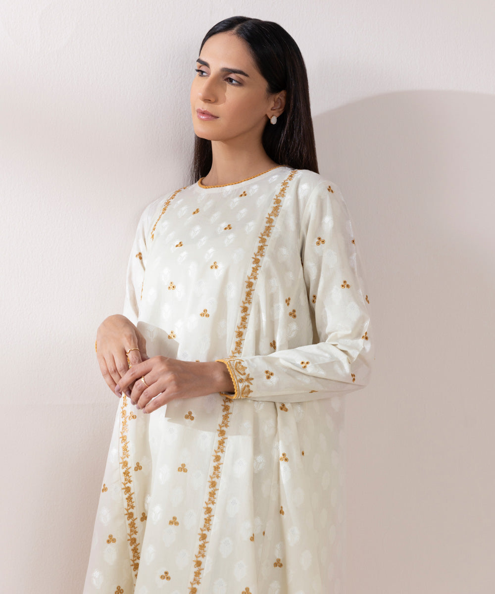 Women's Pret Extra Weft Jacquard Embroidered Ivory A-Line Shirt