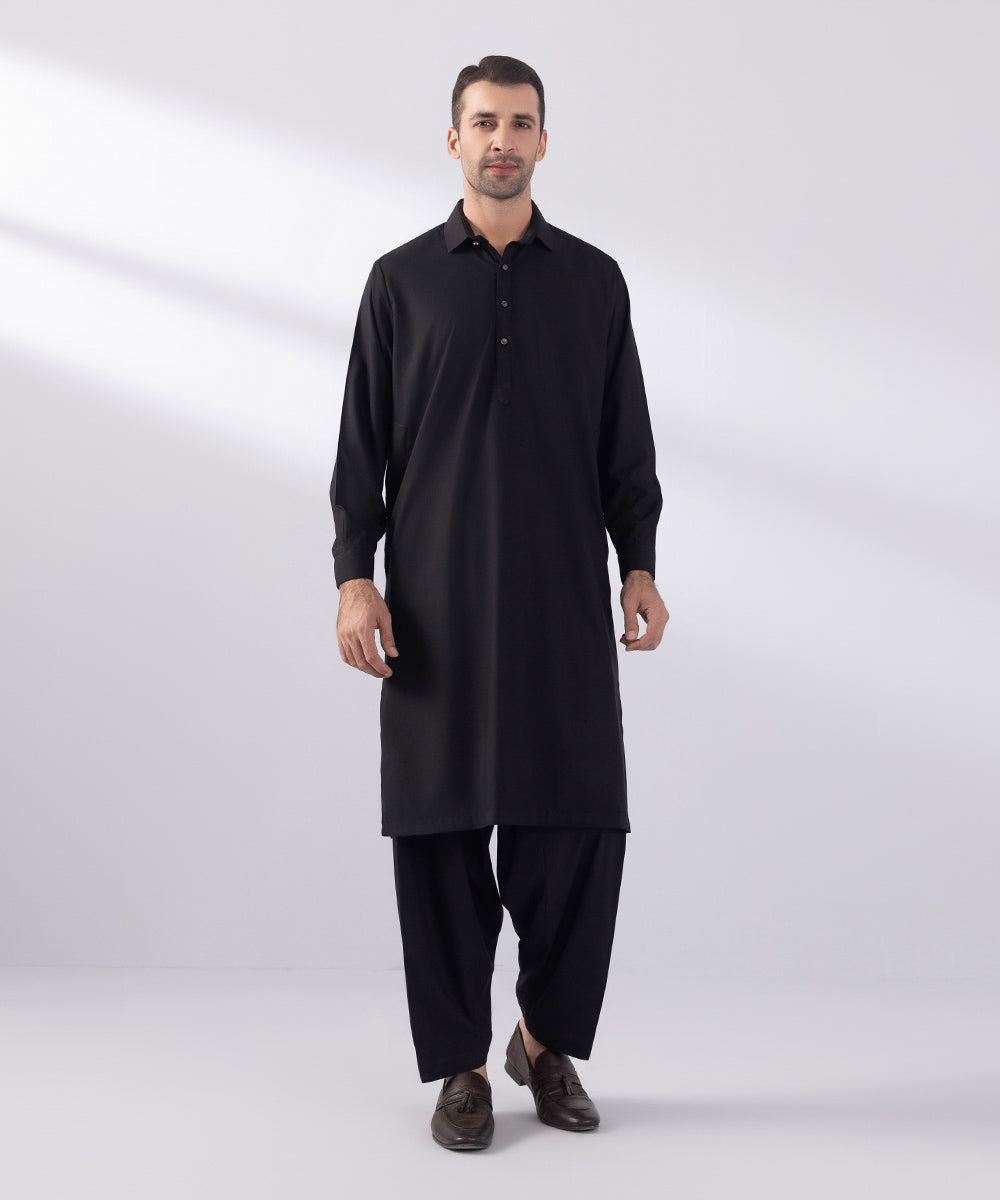 Men's Stitched Poly Modal Black Round Hem Kurta Shalwar