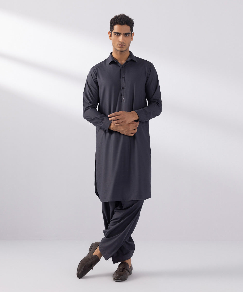 Men's Stitched Wash & Wear Charcoal Round Hem Kurta Shalwar