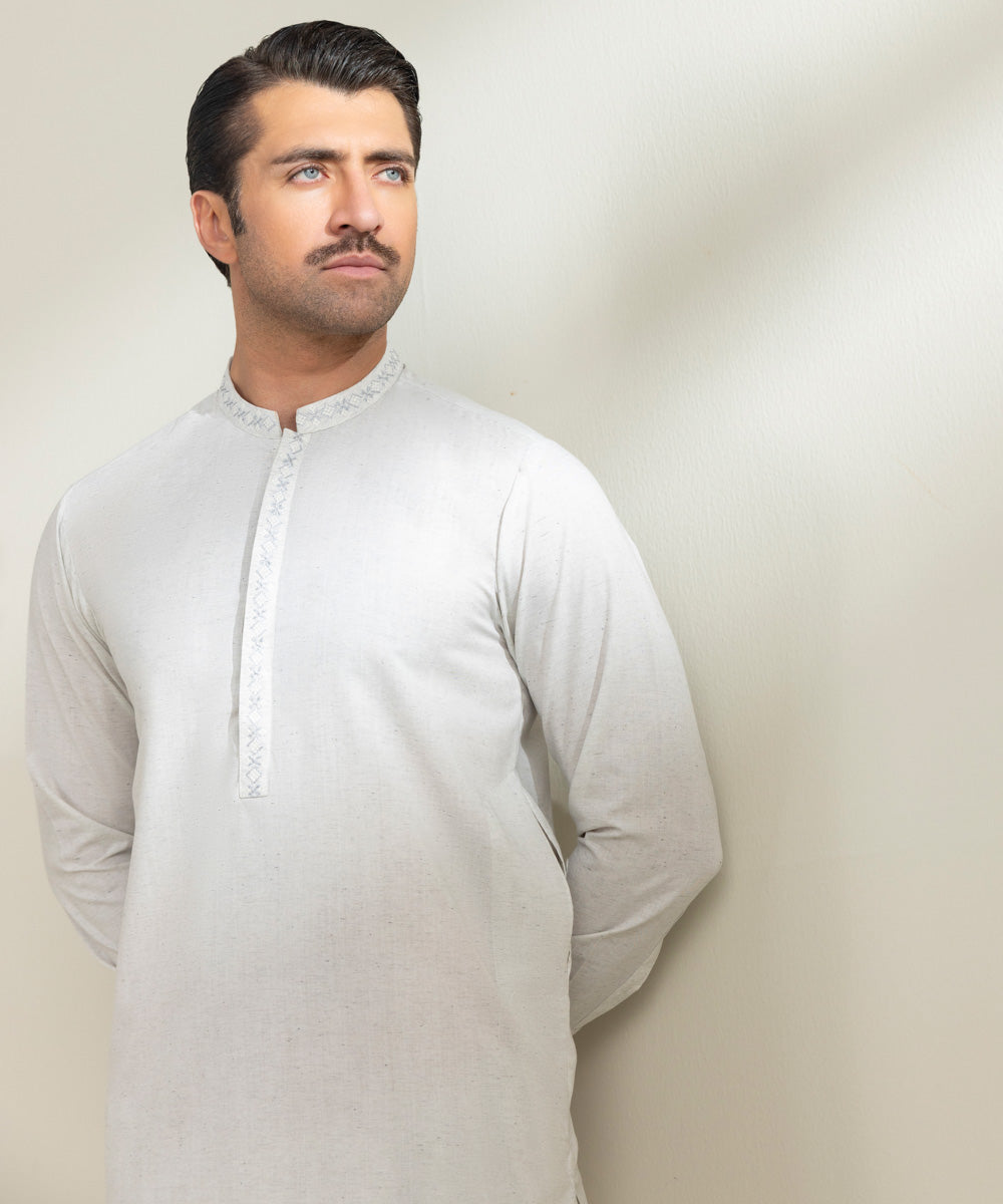 Men's Stitched Fancy Wash & Wear Embroidered White Kurta Shalwar