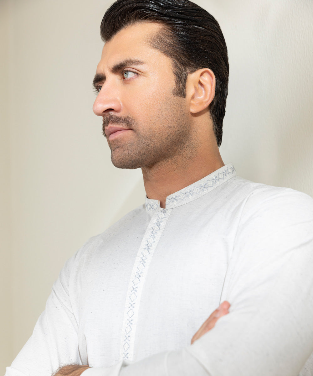 Men's Stitched Fancy Wash & Wear Embroidered White Kurta Shalwar